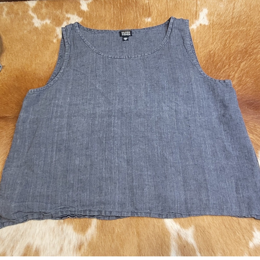 Eileen Fisher Blue Irish Linen Sleeveless Tank Top Shell Size L Boxy Scoop Neck
